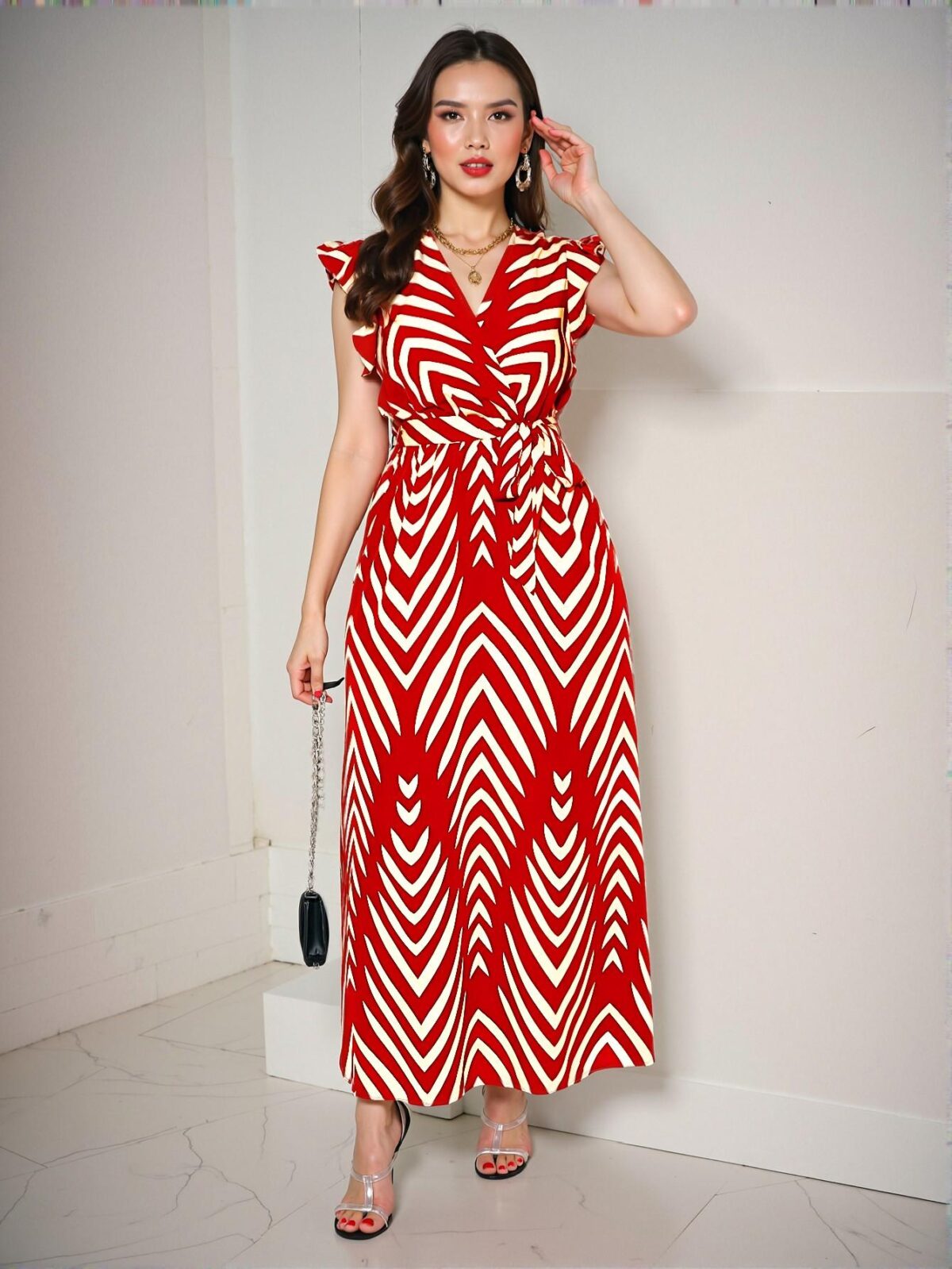 Elegant Red Flared V-Neck Dress with Butterfly Sleeves and Sash Tie - Chic, Classy and Trendy Fashion Style to Dress to Impress - Image 5
