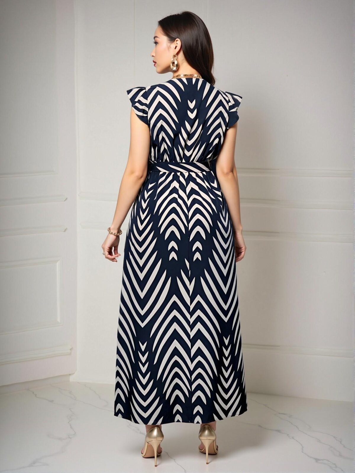 Elegant Navy Blue V-Neck Tie-Waist Maxi Dress with Flutter Sleeves and Bowknot Accent – Chic, Classy, and Trendy Fashion Style to Dress to Impress - Image 2