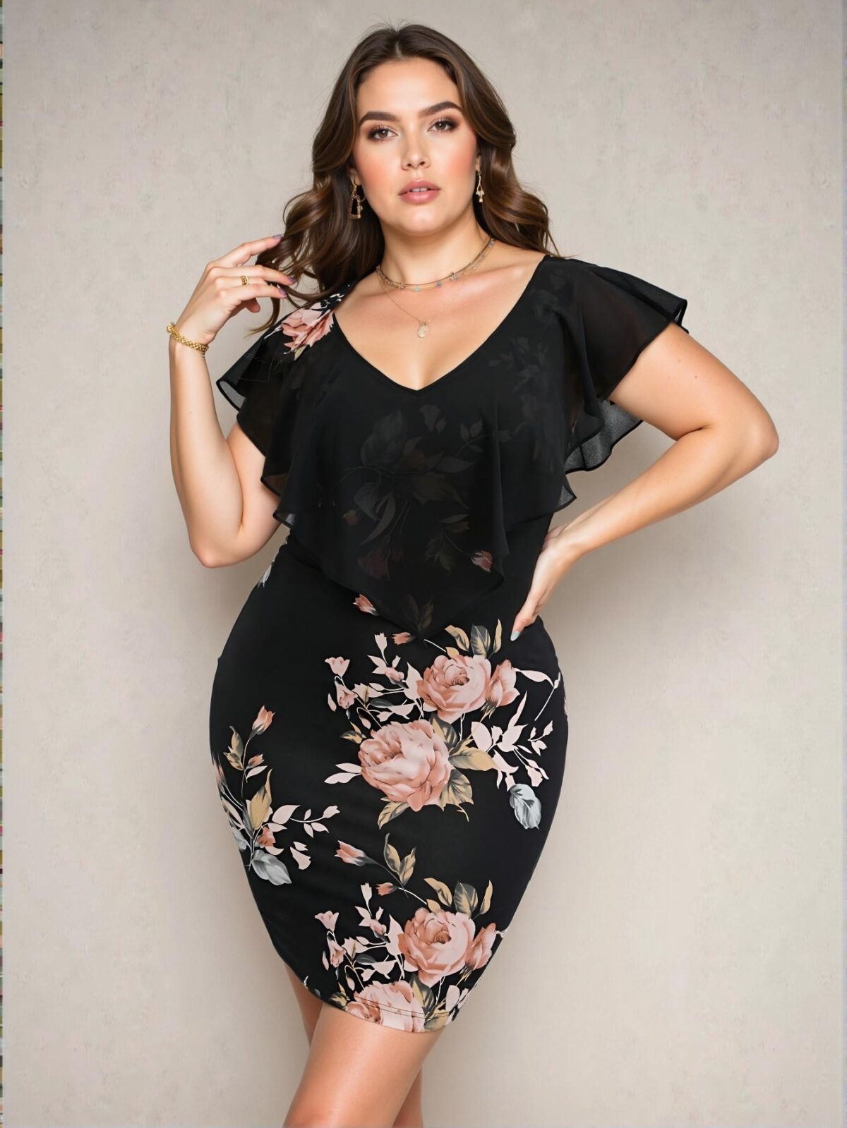 Elegant Multicolor Floral Print Ruffle Trim Bodycon Dress Chic, Classy and Trendy Fashion Style to Dress to Impress - Image 3