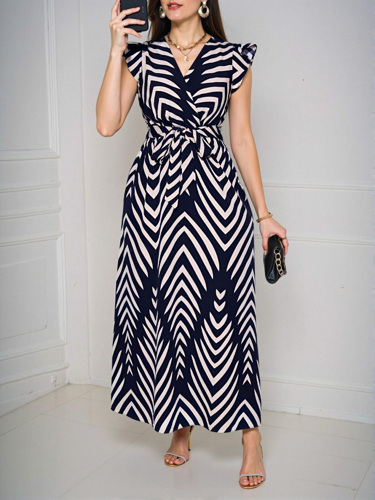 Elegant Navy Blue V-Neck Tie-Waist Maxi Dress with Flutter Sleeves and Bowknot Accent – Chic, Classy, and Trendy Fashion Style to Dress to Impress - Image 3