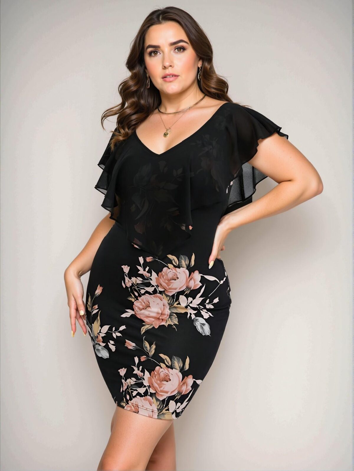 Elegant Multicolor Floral Print Ruffle Trim Bodycon Dress Chic, Classy and Trendy Fashion Style to Dress to Impress - Image 5