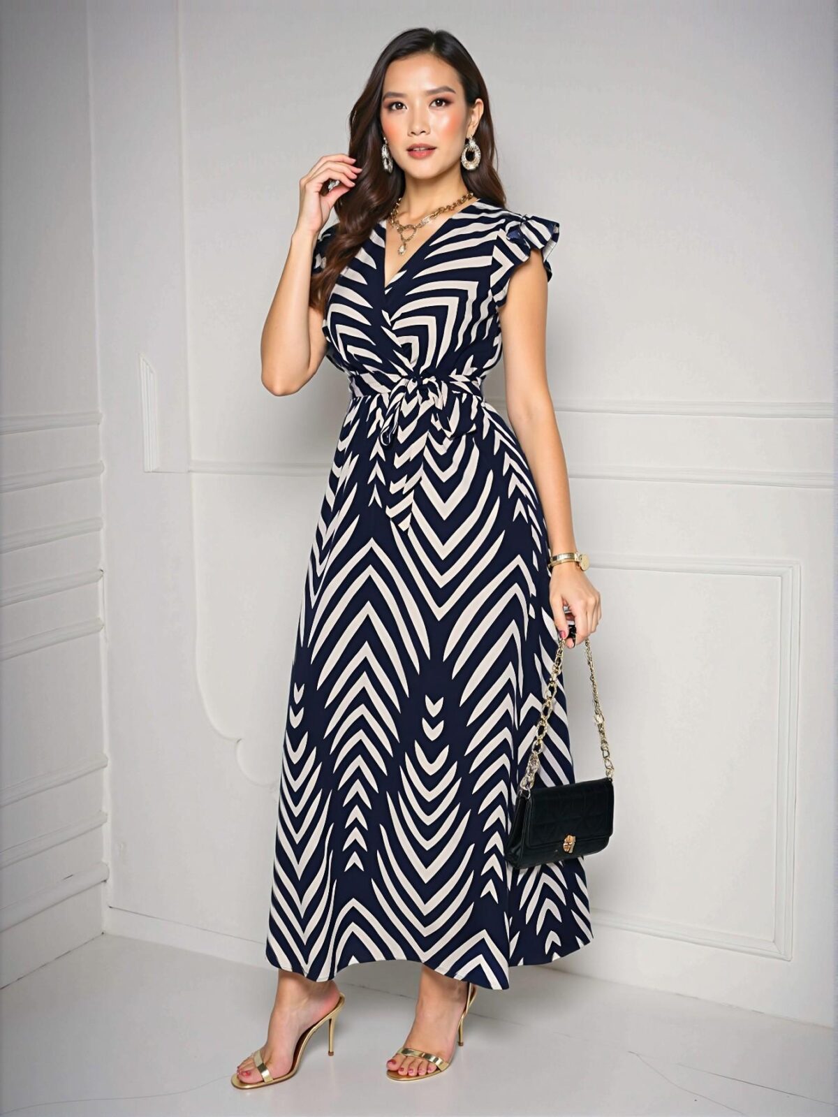 Elegant Navy Blue V-Neck Tie-Waist Maxi Dress with Flutter Sleeves and Bowknot Accent – Chic, Classy, and Trendy Fashion Style to Dress to Impress - Image 5