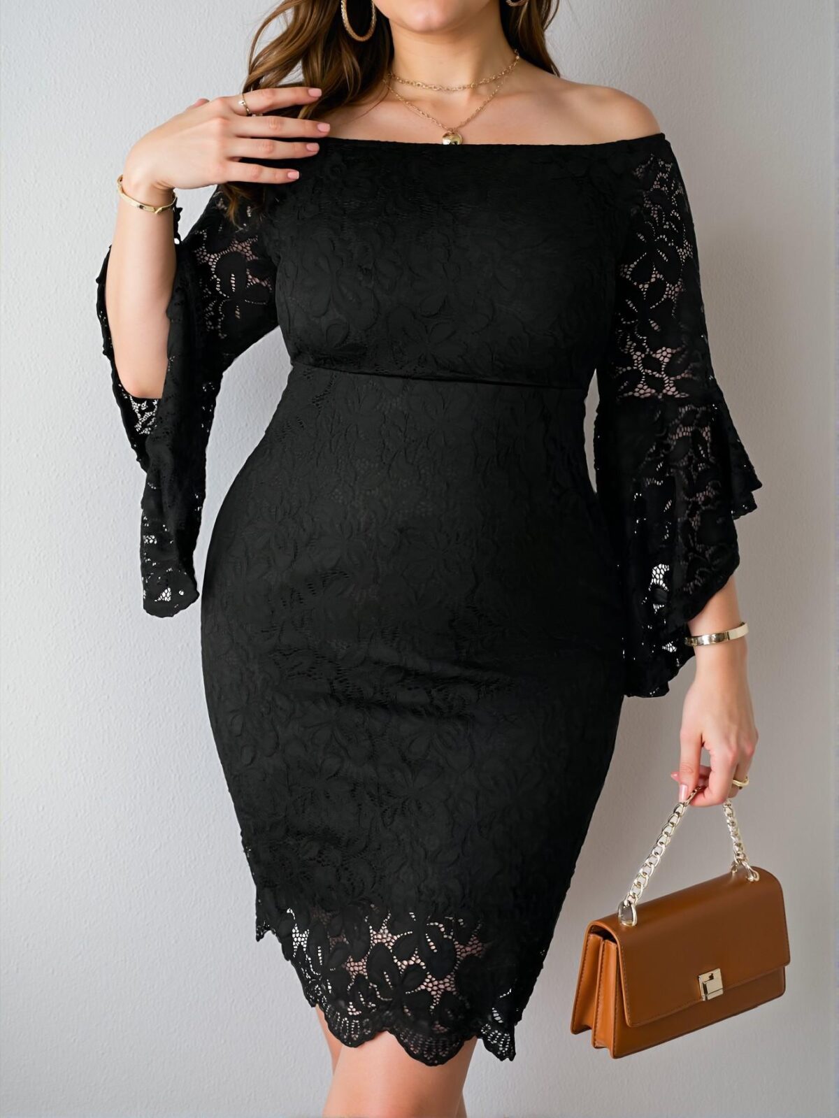Elegant Black Off the Shoulder Flare Sleeve Lace Bodycon Dress, Stylish Attire for a Polished Look, Chic, Classy and Trendy Fashion Style to Dress to Impress