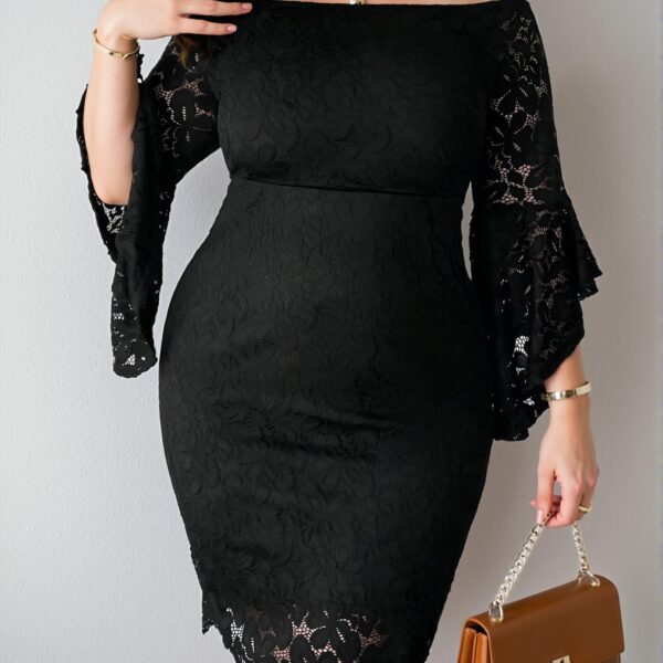 Elegant Black Off the Shoulder Flare Sleeve Lace Bodycon Dress, Stylish Attire for a Polished Look, Chic, Classy and Trendy Fashion Style to Dress to Impress
