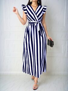 Elegant Navy Blue Stylish V-Neck Cinched Waist Maxi Dress with Bowknot and Stripes – Chic, Classy and Trendy Fashion Style to Dress to Impress
