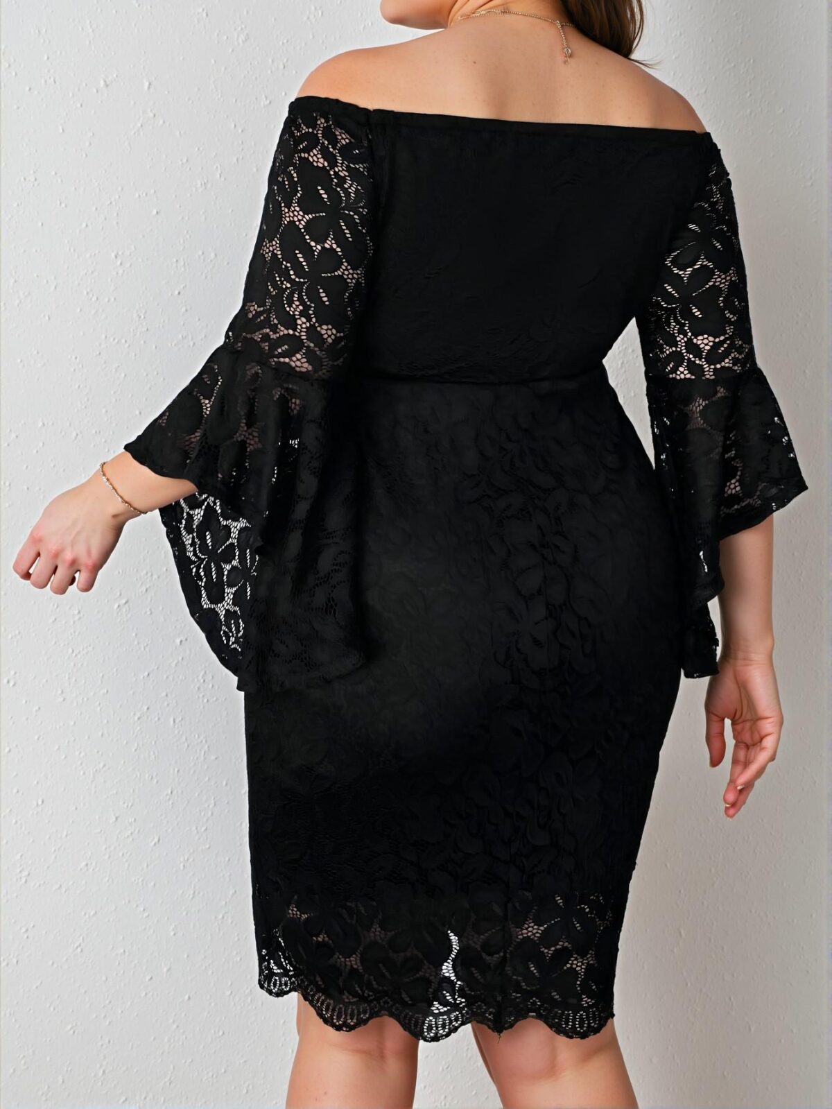 Elegant Black Off the Shoulder Flare Sleeve Lace Bodycon Dress, Stylish Attire for a Polished Look, Chic, Classy and Trendy Fashion Style to Dress to Impress - Image 2