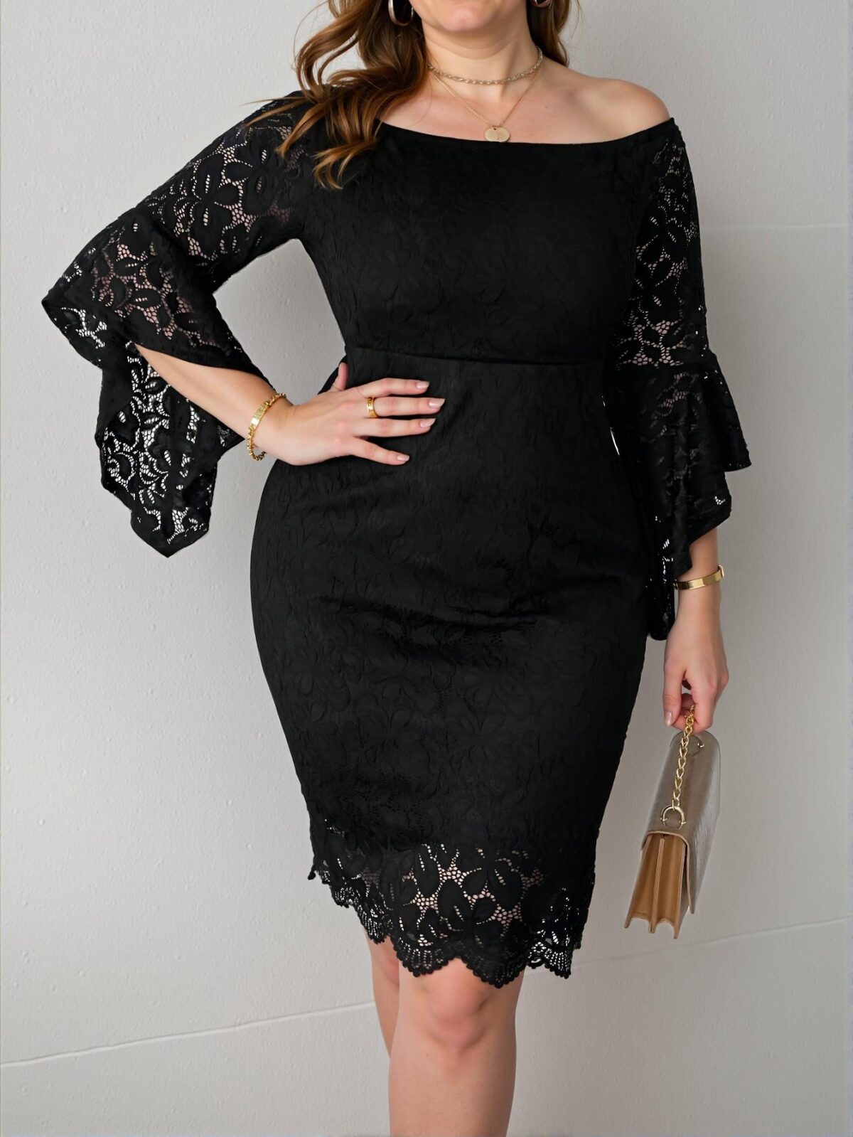Elegant Black Off the Shoulder Flare Sleeve Lace Bodycon Dress, Stylish Attire for a Polished Look, Chic, Classy and Trendy Fashion Style to Dress to Impress - Image 3