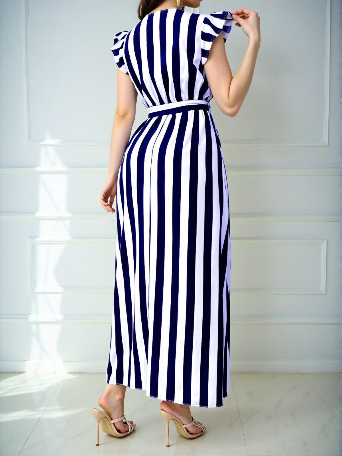 Elegant Navy Blue Stylish V-Neck Cinched Waist Maxi Dress with Bowknot and Stripes – Chic, Classy and Trendy Fashion Style to Dress to Impress - Image 2