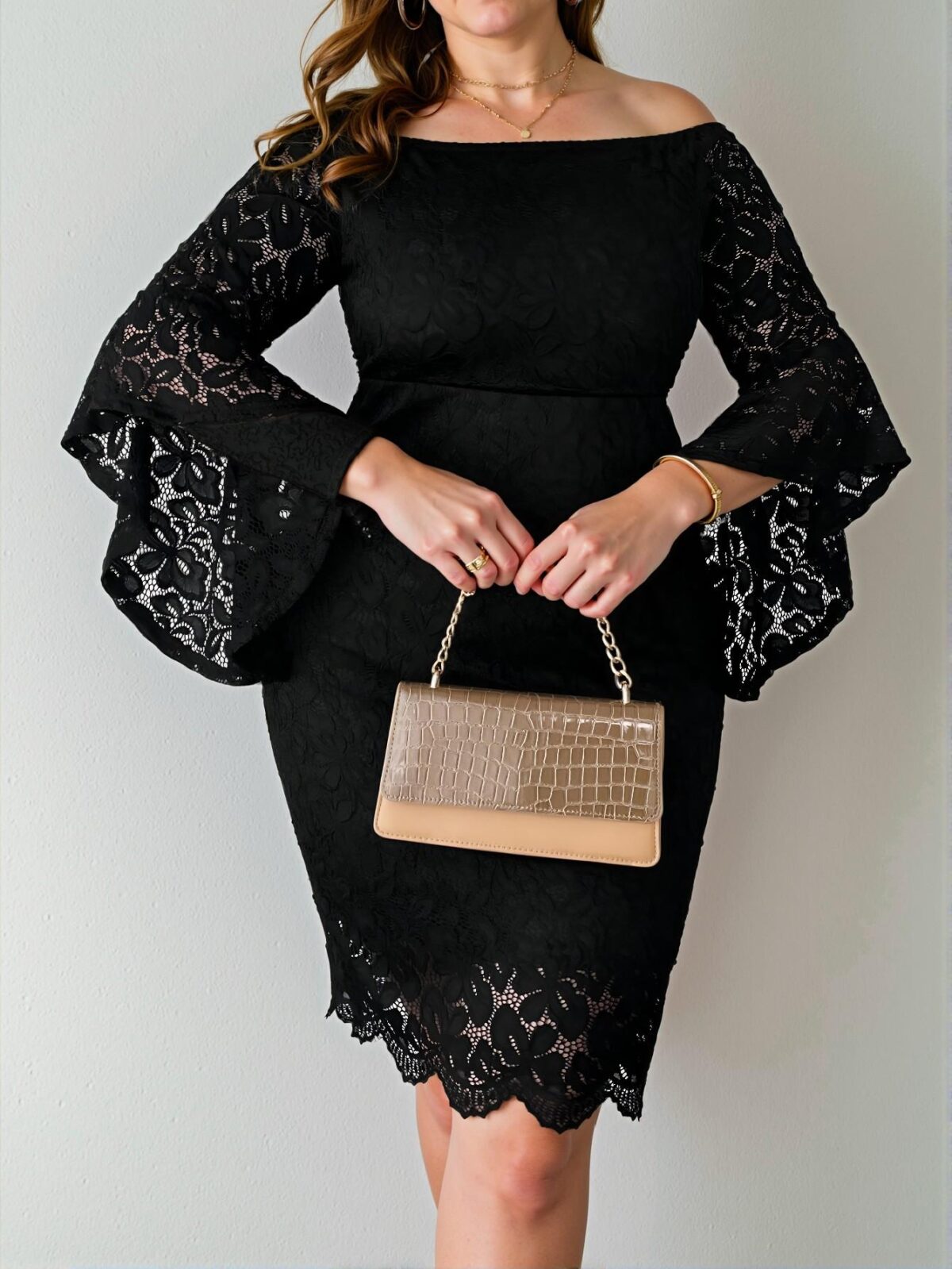 Elegant Black Off the Shoulder Flare Sleeve Lace Bodycon Dress, Stylish Attire for a Polished Look, Chic, Classy and Trendy Fashion Style to Dress to Impress - Image 4