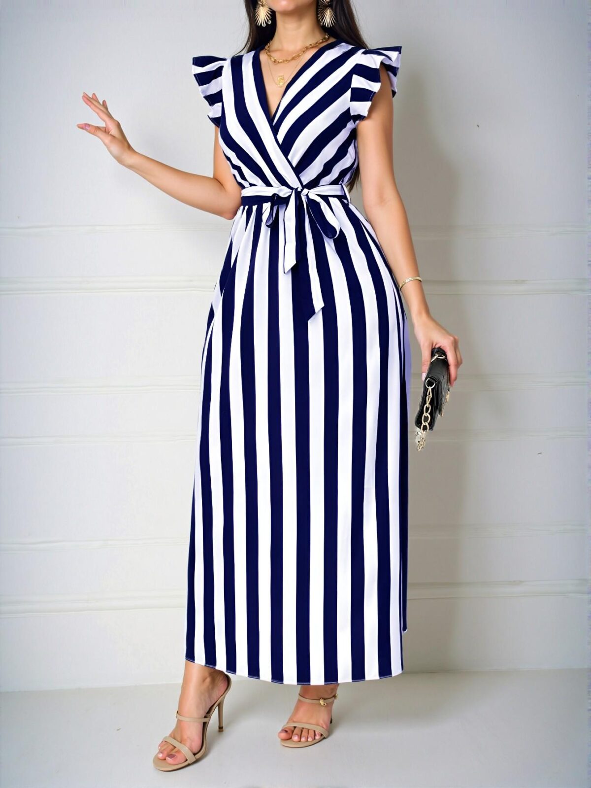 Elegant Navy Blue Stylish V-Neck Cinched Waist Maxi Dress with Bowknot and Stripes – Chic, Classy and Trendy Fashion Style to Dress to Impress - Image 3