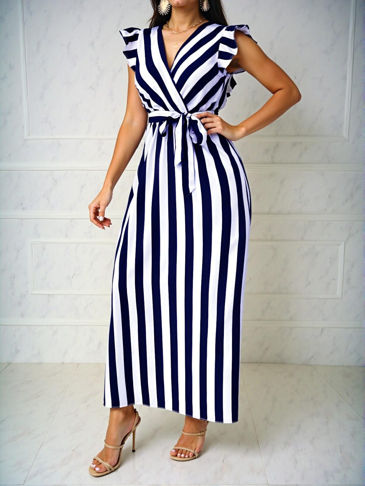 Elegant Navy Blue Stylish V-Neck Cinched Waist Maxi Dress with Bowknot and Stripes – Chic, Classy and Trendy Fashion Style to Dress to Impress - Image 4