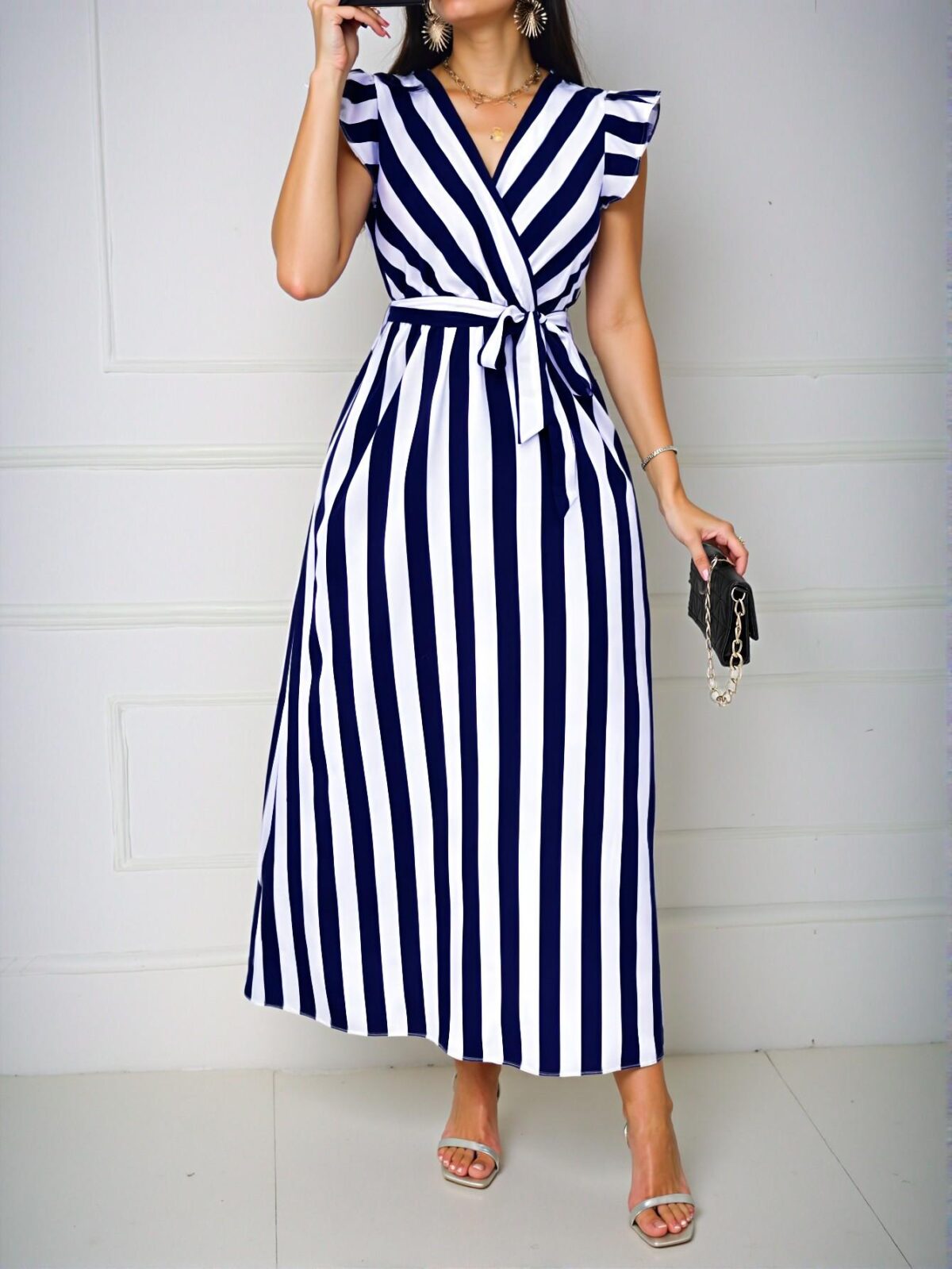 Elegant Navy Blue Stylish V-Neck Cinched Waist Maxi Dress with Bowknot and Stripes – Chic, Classy and Trendy Fashion Style to Dress to Impress - Image 5