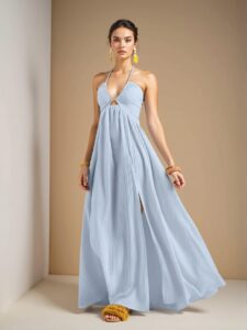 Elegant Blue Halter Neck Casual Maxi Dress with High Slit and Flared Hem for Chic Boho Style "Chic, Classy and Trendy Fashion Style to Dress to Impress"