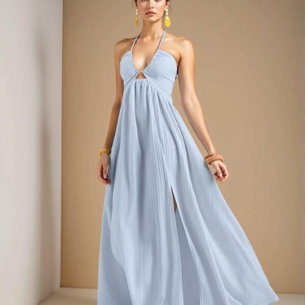 Elegant Blue Halter Neck Casual Maxi Dress with High Slit and Flared Hem for Chic Boho Style "Chic, Classy and Trendy Fashion Style to Dress to Impress"