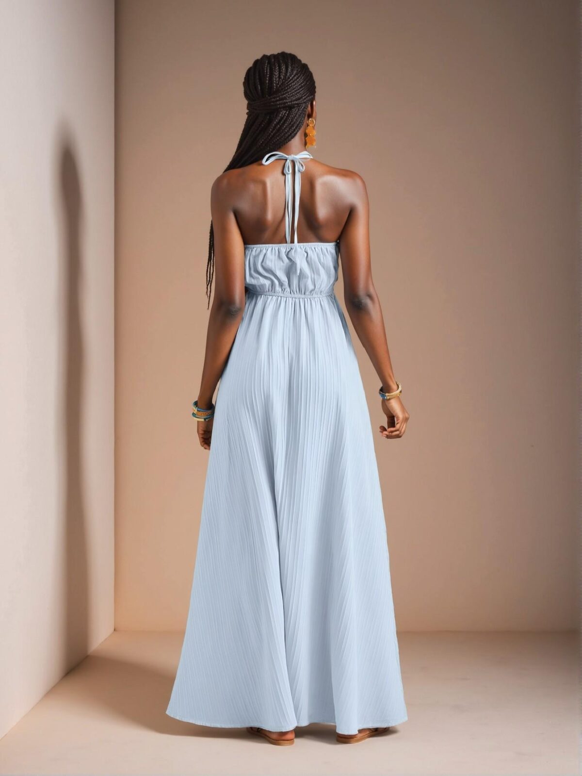 Elegant Blue Halter Neck Casual Maxi Dress with High Slit and Flared Hem for Chic Boho Style "Chic, Classy and Trendy Fashion Style to Dress to Impress" - Image 2
