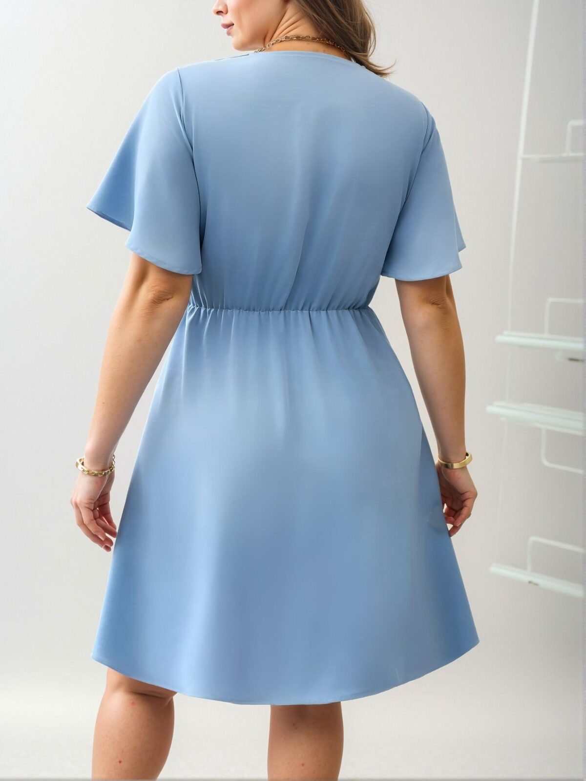Elegant Baby Blue Casual A-Line Knee-Length Dress with V-Neck and Bowknot Accents for Plus Sizes – Chic, Classy and Trendy Fashion Style to Dress to Impress - Image 2