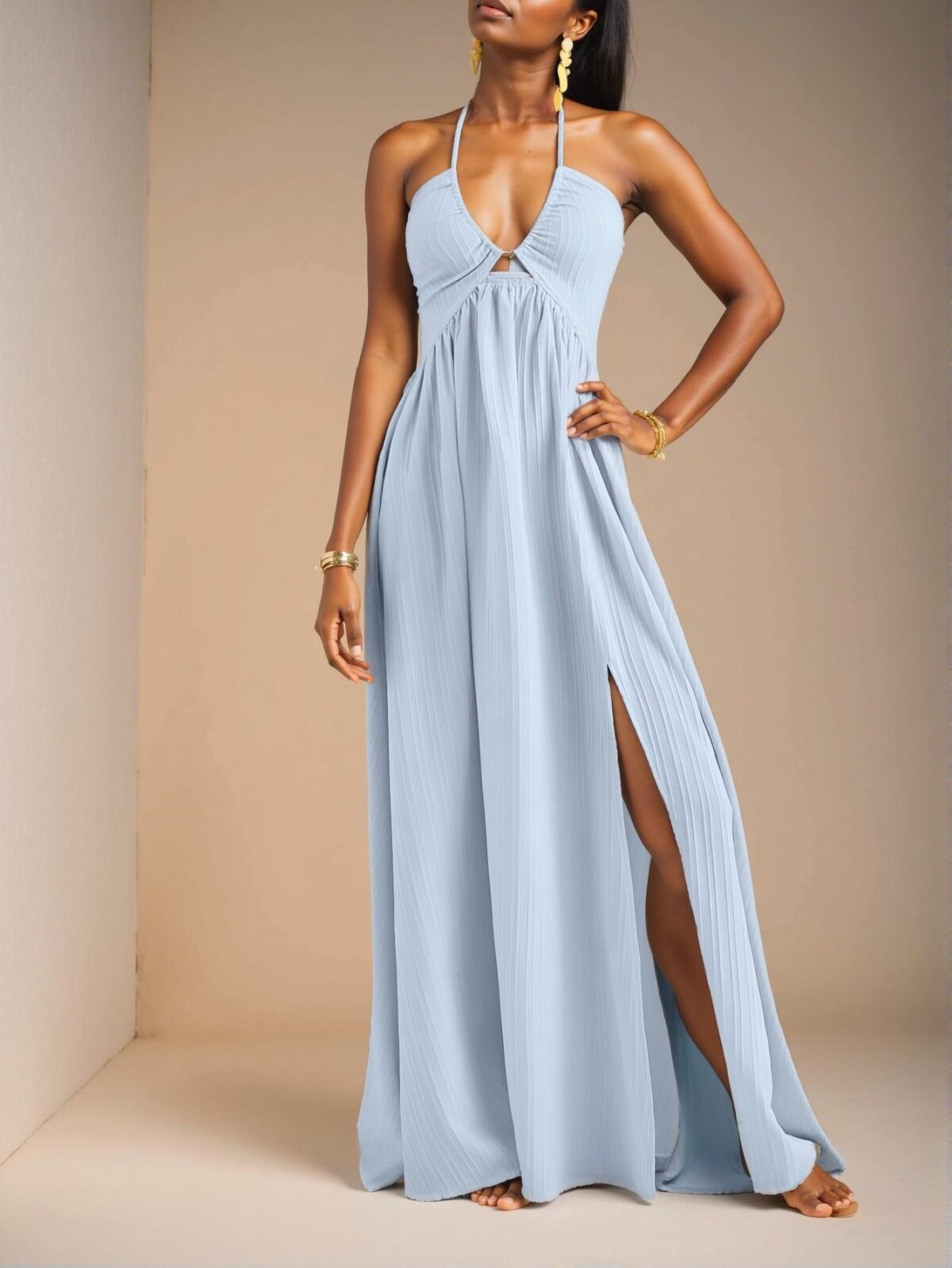 Elegant Blue Halter Neck Casual Maxi Dress with High Slit and Flared Hem for Chic Boho Style "Chic, Classy and Trendy Fashion Style to Dress to Impress" - Image 4