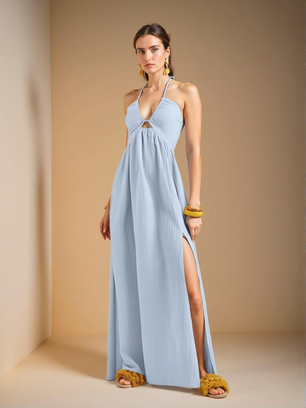 Elegant Blue Halter Neck Casual Maxi Dress with High Slit and Flared Hem for Chic Boho Style "Chic, Classy and Trendy Fashion Style to Dress to Impress" - Image 5