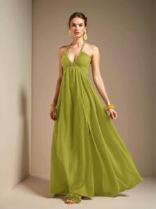 Elegant Green Halter Neck Strapless Maxi Dress with High Thigh Slit and Flared A-Line Skirt for Casual Holidays - Chic, Classy and Trendy Fashion Style to Dress to Impress