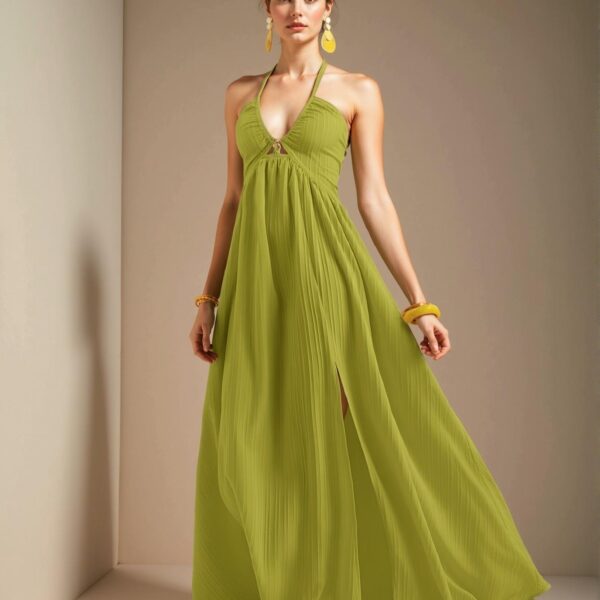 Elegant Green Halter Neck Strapless Maxi Dress with High Thigh Slit and Flared A-Line Skirt for Casual Holidays - Chic, Classy and Trendy Fashion Style to Dress to Impress