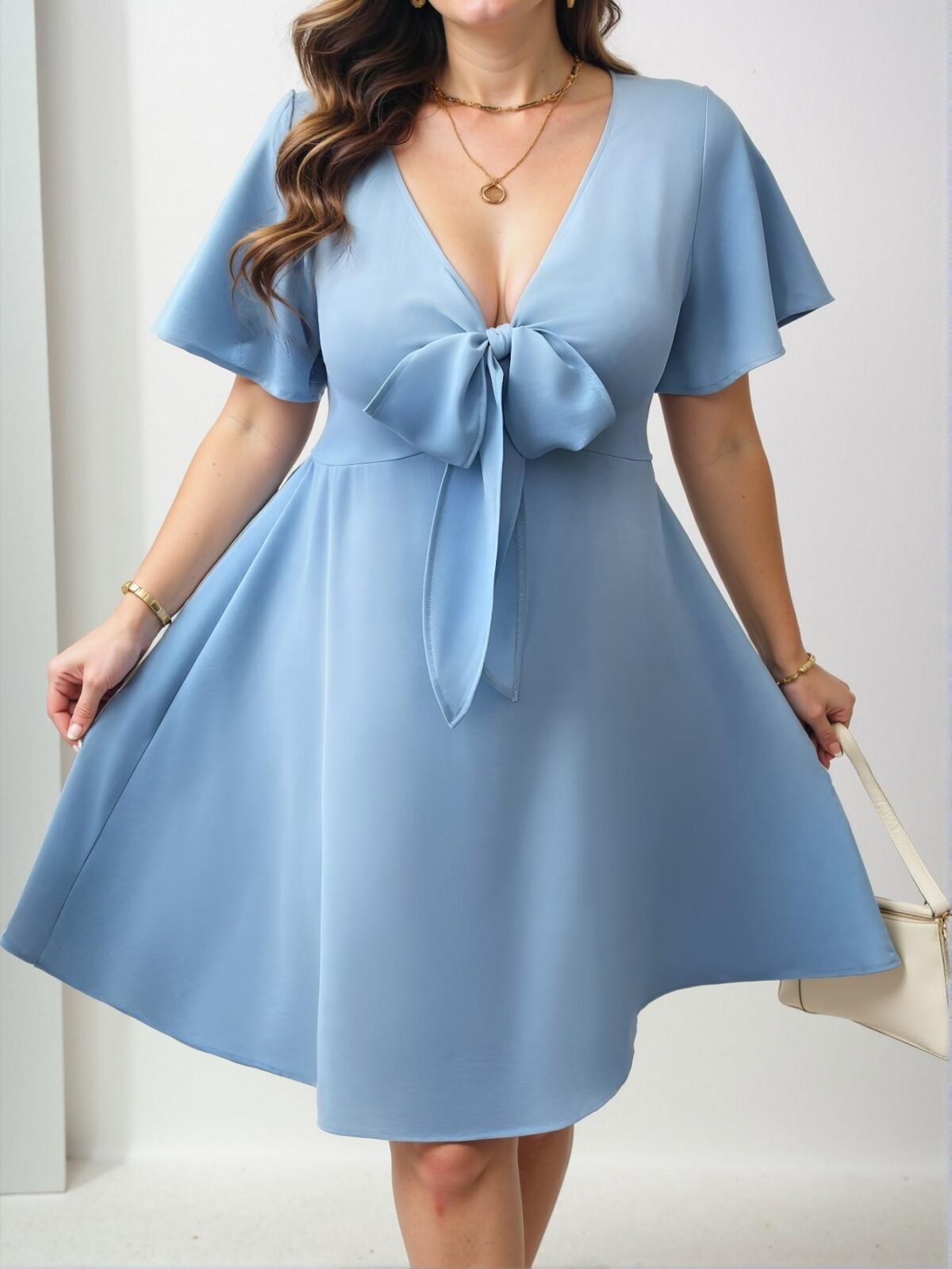 Elegant Baby Blue Casual A-Line Knee-Length Dress with V-Neck and Bowknot Accents for Plus Sizes – Chic, Classy and Trendy Fashion Style to Dress to Impress - Image 4
