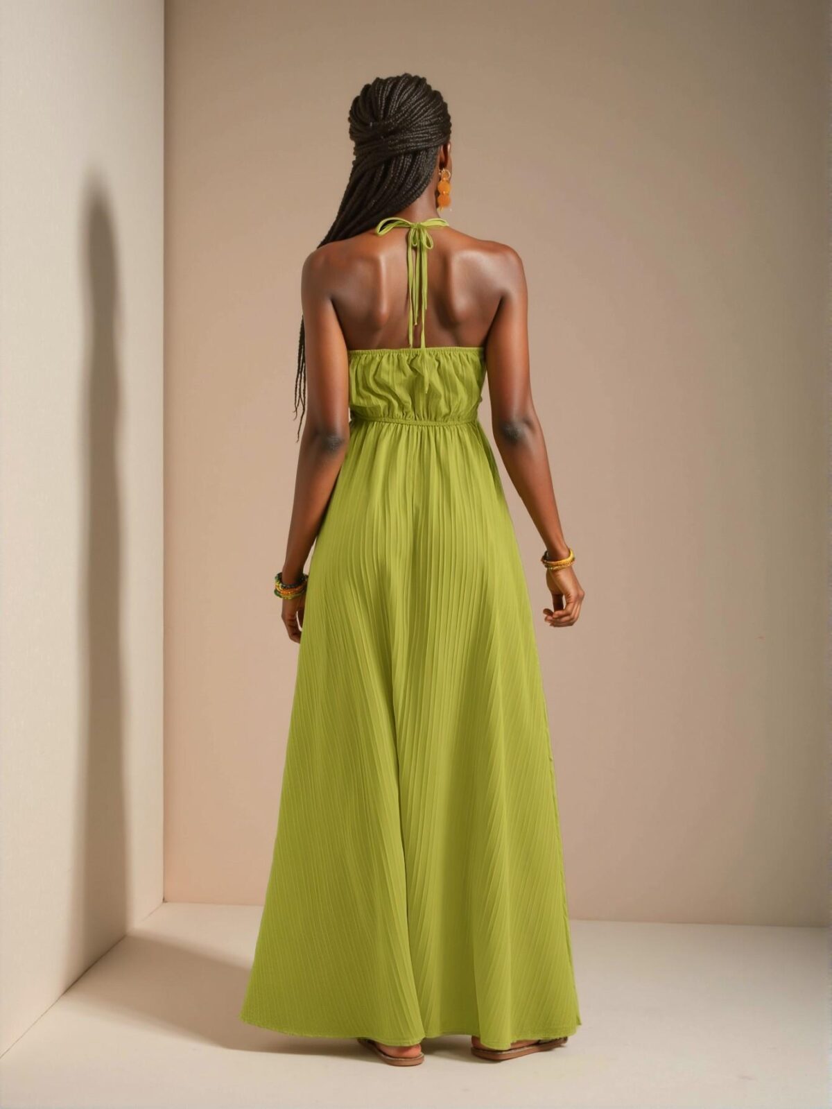Elegant Green Halter Neck Strapless Maxi Dress with High Thigh Slit and Flared A-Line Skirt for Casual Holidays - Chic, Classy and Trendy Fashion Style to Dress to Impress - Image 2