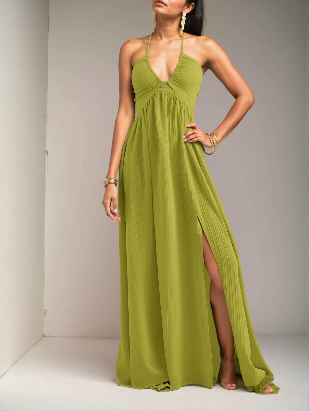 Elegant Green Halter Neck Strapless Maxi Dress with High Thigh Slit and Flared A-Line Skirt for Casual Holidays - Chic, Classy and Trendy Fashion Style to Dress to Impress - Image 4
