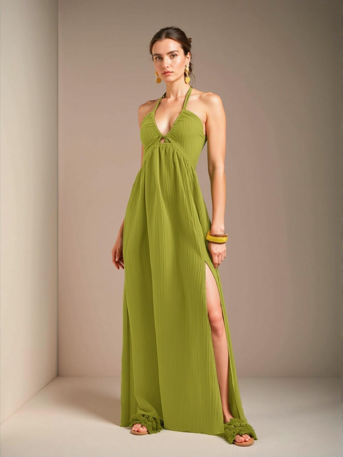 Elegant Green Halter Neck Strapless Maxi Dress with High Thigh Slit and Flared A-Line Skirt for Casual Holidays - Chic, Classy and Trendy Fashion Style to Dress to Impress - Image 5