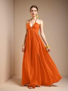 Elegant Orange Boho High Waist Halter Neck Maxi Dress with Flared A-Line Skirt and Thigh Slit for Effortless Summer Style - Chic, Classy and Trendy Fashion to Dress to Impress