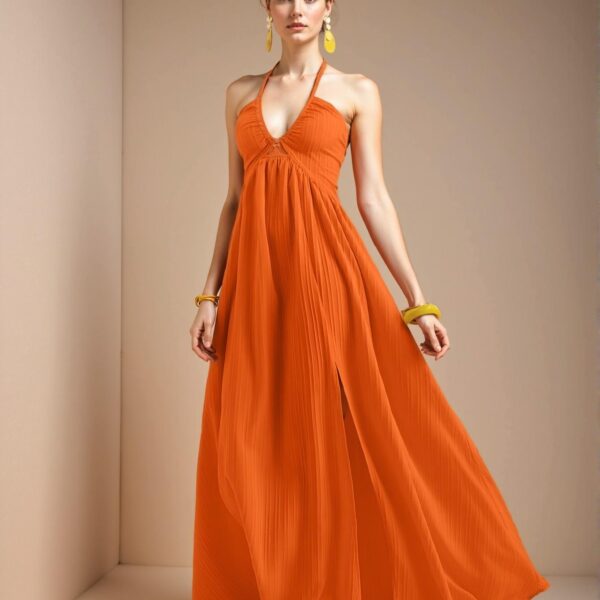 Elegant Orange Boho High Waist Halter Neck Maxi Dress with Flared A-Line Skirt and Thigh Slit for Effortless Summer Style - Chic, Classy and Trendy Fashion to Dress to Impress