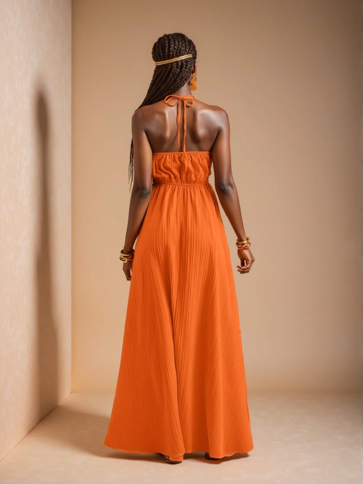 Elegant Orange Boho High Waist Halter Neck Maxi Dress with Flared A-Line Skirt and Thigh Slit for Effortless Summer Style - Chic, Classy and Trendy Fashion to Dress to Impress - Image 2