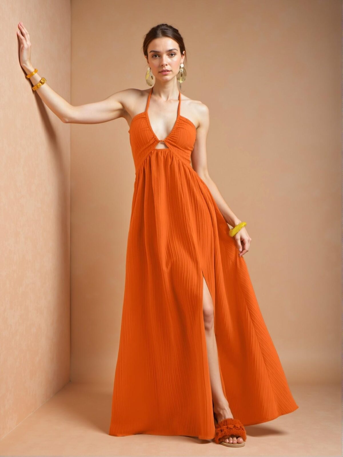 Elegant Orange Boho High Waist Halter Neck Maxi Dress with Flared A-Line Skirt and Thigh Slit for Effortless Summer Style - Chic, Classy and Trendy Fashion to Dress to Impress - Image 3