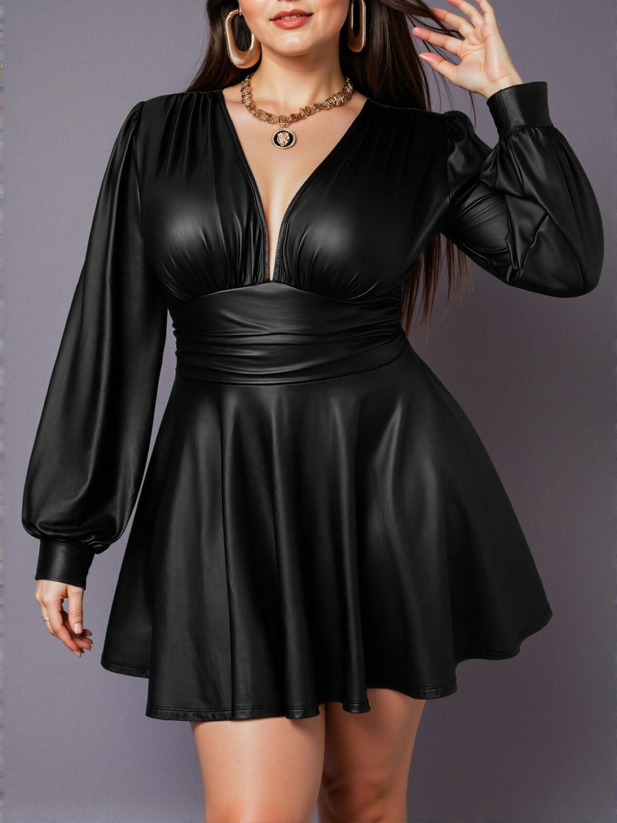 Elegant Black V-Neck Peplum Plus Size Dress with Long Bishop Sleeves for Versatile Spring & Autumn Style – Chic, Classy and Trendy Fashion Style to Dress to Impress