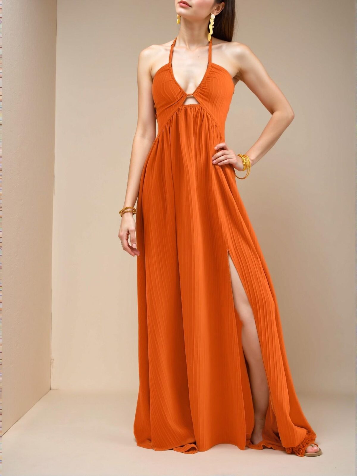 Elegant Orange Boho High Waist Halter Neck Maxi Dress with Flared A-Line Skirt and Thigh Slit for Effortless Summer Style - Chic, Classy and Trendy Fashion to Dress to Impress - Image 4