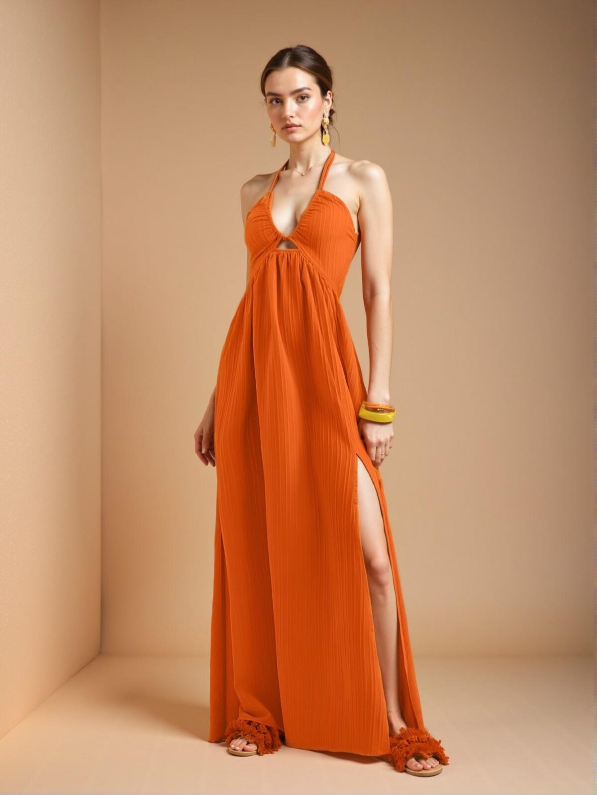 Elegant Orange Boho High Waist Halter Neck Maxi Dress with Flared A-Line Skirt and Thigh Slit for Effortless Summer Style - Chic, Classy and Trendy Fashion to Dress to Impress - Image 5