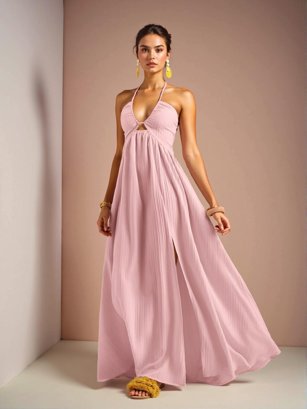 Elegant Pink Halter Neck Strapless Maxi Dress with Flared A-Line Skirt and High Thigh Slit for a Charming Summer Look - Chic, Classy, and Trendy Fashion Style to Dress to Impress