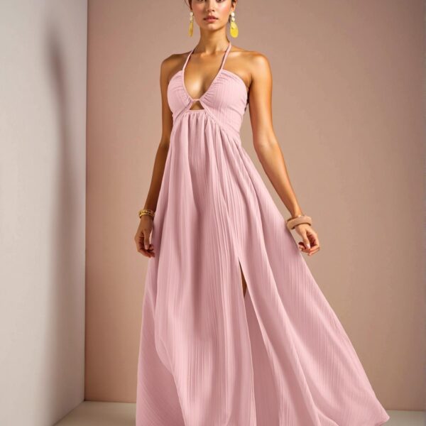 Elegant Pink Halter Neck Strapless Maxi Dress with Flared A-Line Skirt and High Thigh Slit for a Charming Summer Look - Chic, Classy, and Trendy Fashion Style to Dress to Impress