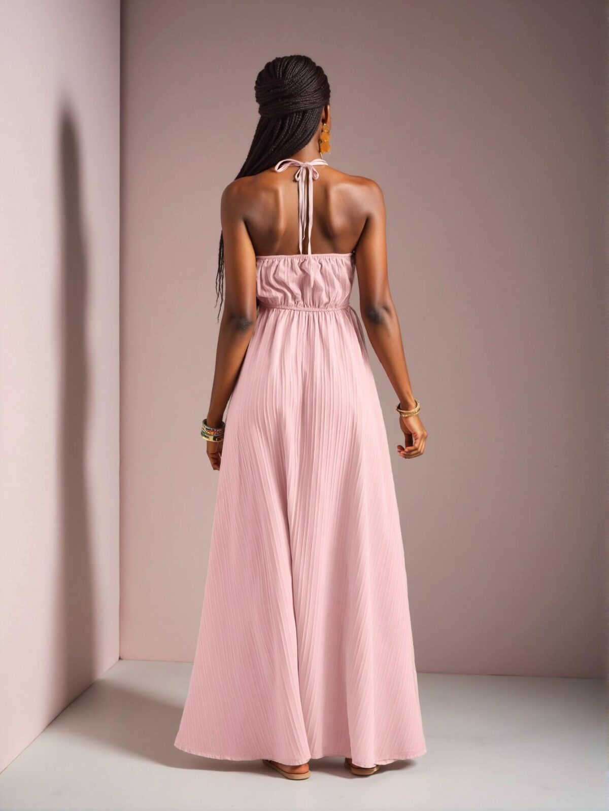 Elegant Pink Halter Neck Strapless Maxi Dress with Flared A-Line Skirt and High Thigh Slit for a Charming Summer Look - Chic, Classy, and Trendy Fashion Style to Dress to Impress - Image 2