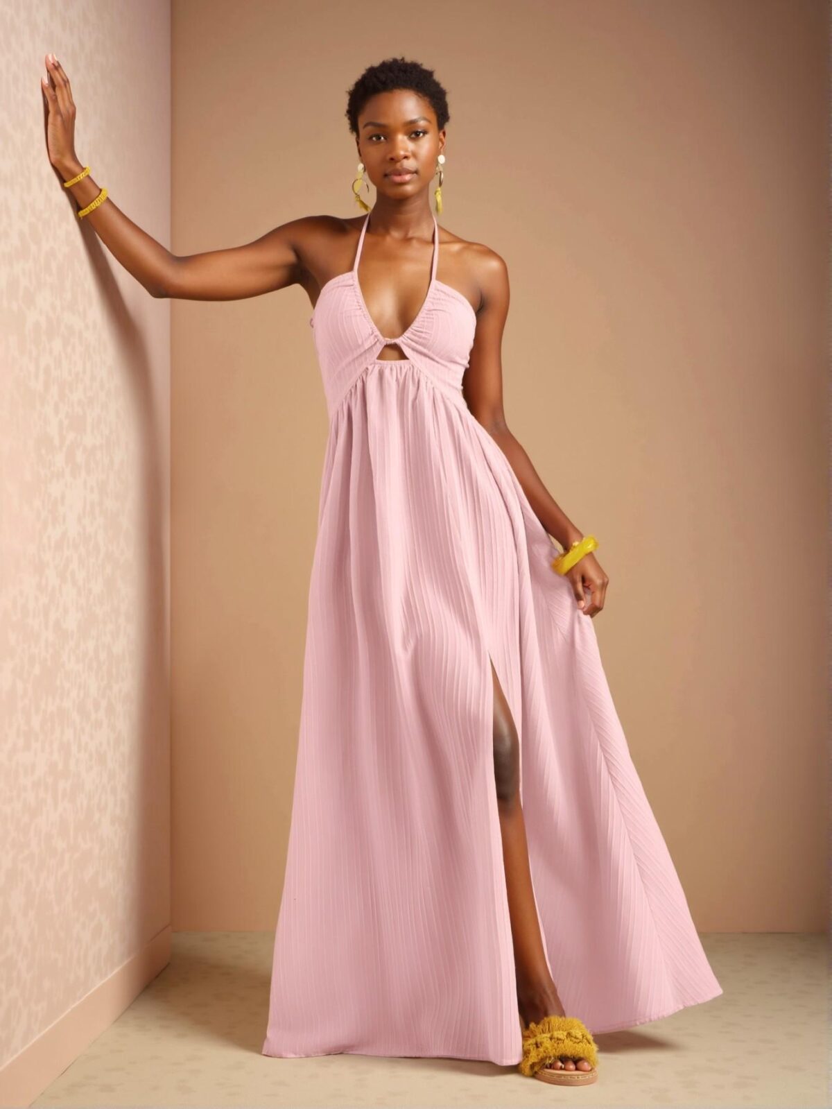 Elegant Pink Halter Neck Strapless Maxi Dress with Flared A-Line Skirt and High Thigh Slit for a Charming Summer Look - Chic, Classy, and Trendy Fashion Style to Dress to Impress - Image 3