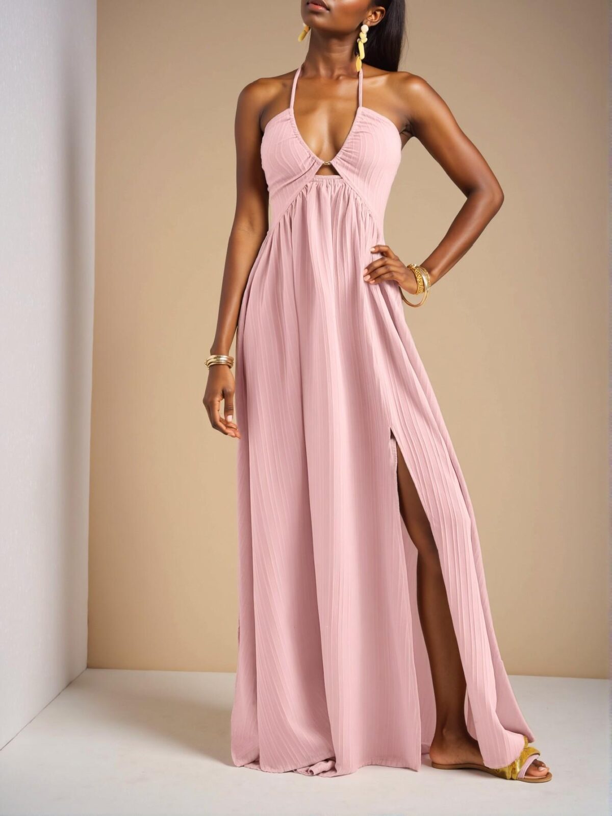 Elegant Pink Halter Neck Strapless Maxi Dress with Flared A-Line Skirt and High Thigh Slit for a Charming Summer Look - Chic, Classy, and Trendy Fashion Style to Dress to Impress - Image 4