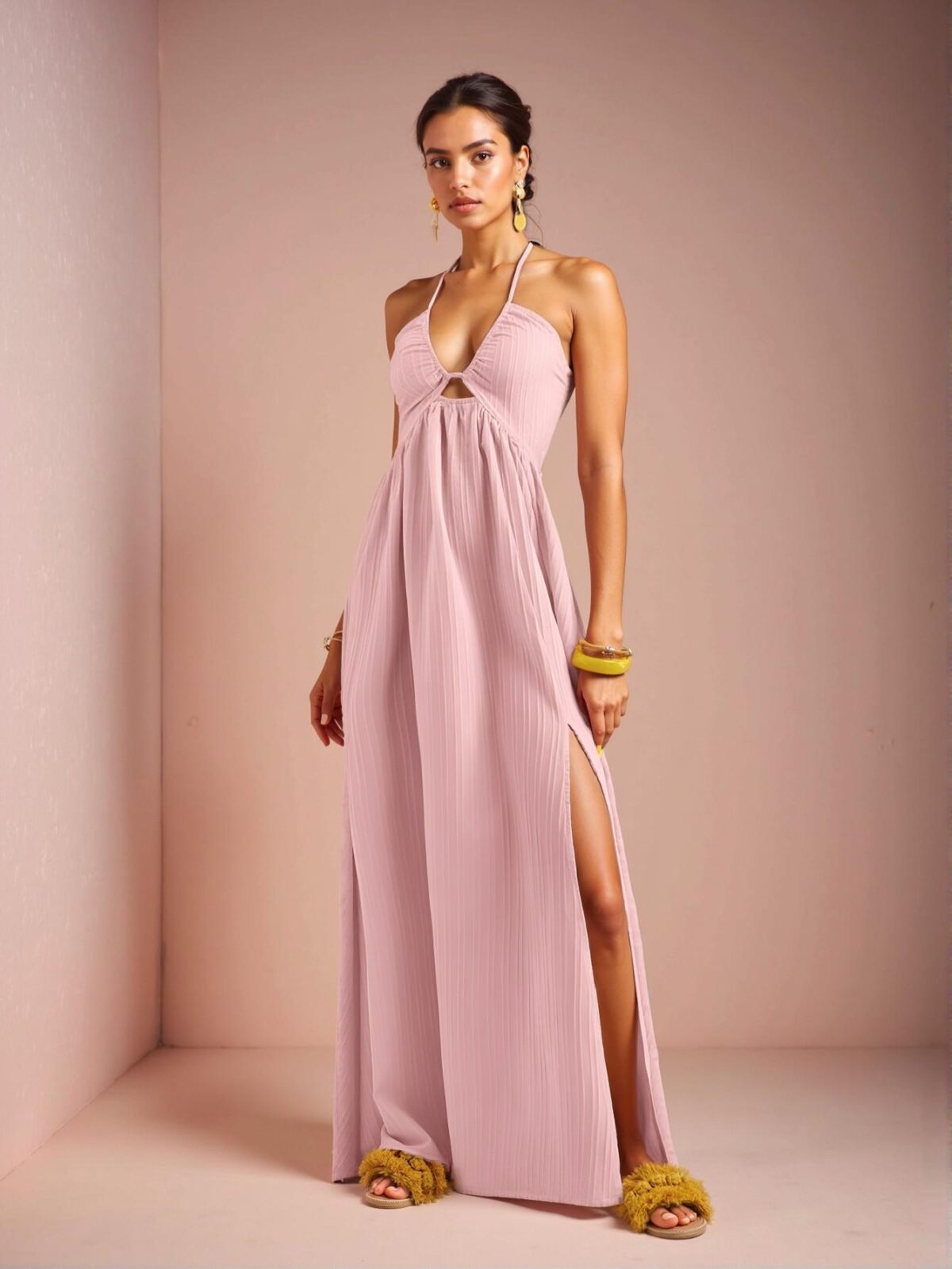 Elegant Pink Halter Neck Strapless Maxi Dress with Flared A-Line Skirt and High Thigh Slit for a Charming Summer Look - Chic, Classy, and Trendy Fashion Style to Dress to Impress - Image 5