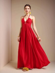 Elegant Red Halter Neck Strapless Maxi Dress with High Slit for a Chic and Trendy Look at Weddings
