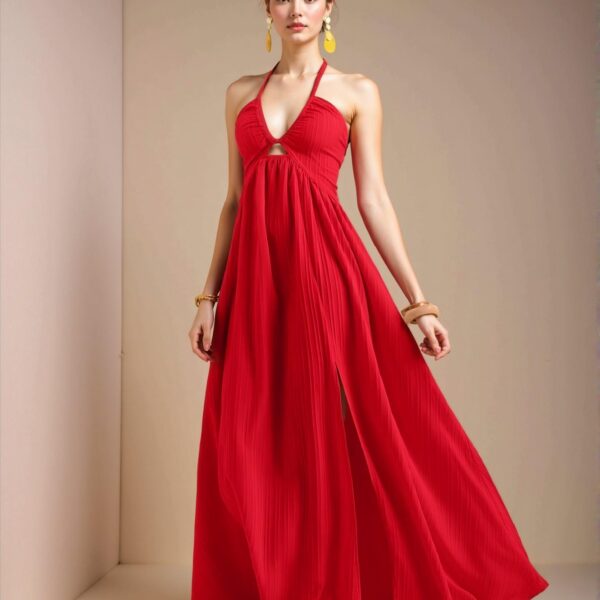 Elegant Red Halter Neck Strapless Maxi Dress with High Slit for a Chic and Trendy Look at Weddings