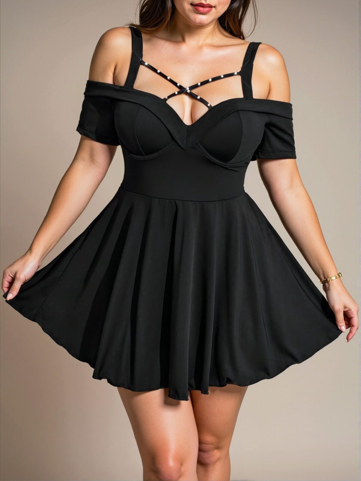 Elegant Black Flared A-Line Dress with Pearl Ribbon for Everyday Outings and Romantic Dates - Chic, Classy and Trendy Fashion Style to Dress to Impress - Image 5