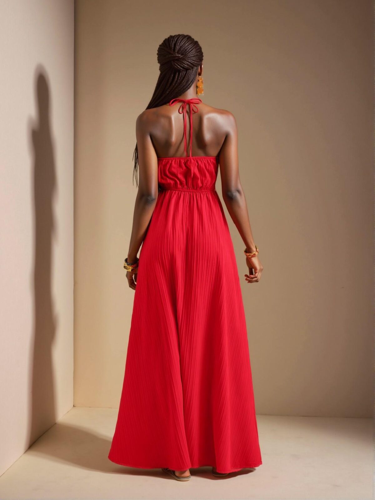 Elegant Red Halter Neck Strapless Maxi Dress with High Slit for a Chic and Trendy Look at Weddings - Image 2