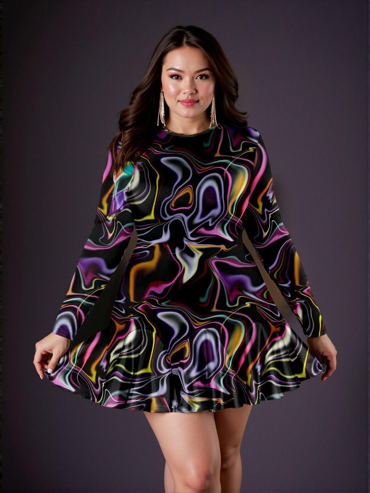 Elegant Multicolor Casual Minimalist Holographic Line Print Long Sleeve Plus Size Dress for Autumn/Winter - Chic, Classy and Trendy Fashion Style to Dress to Impress