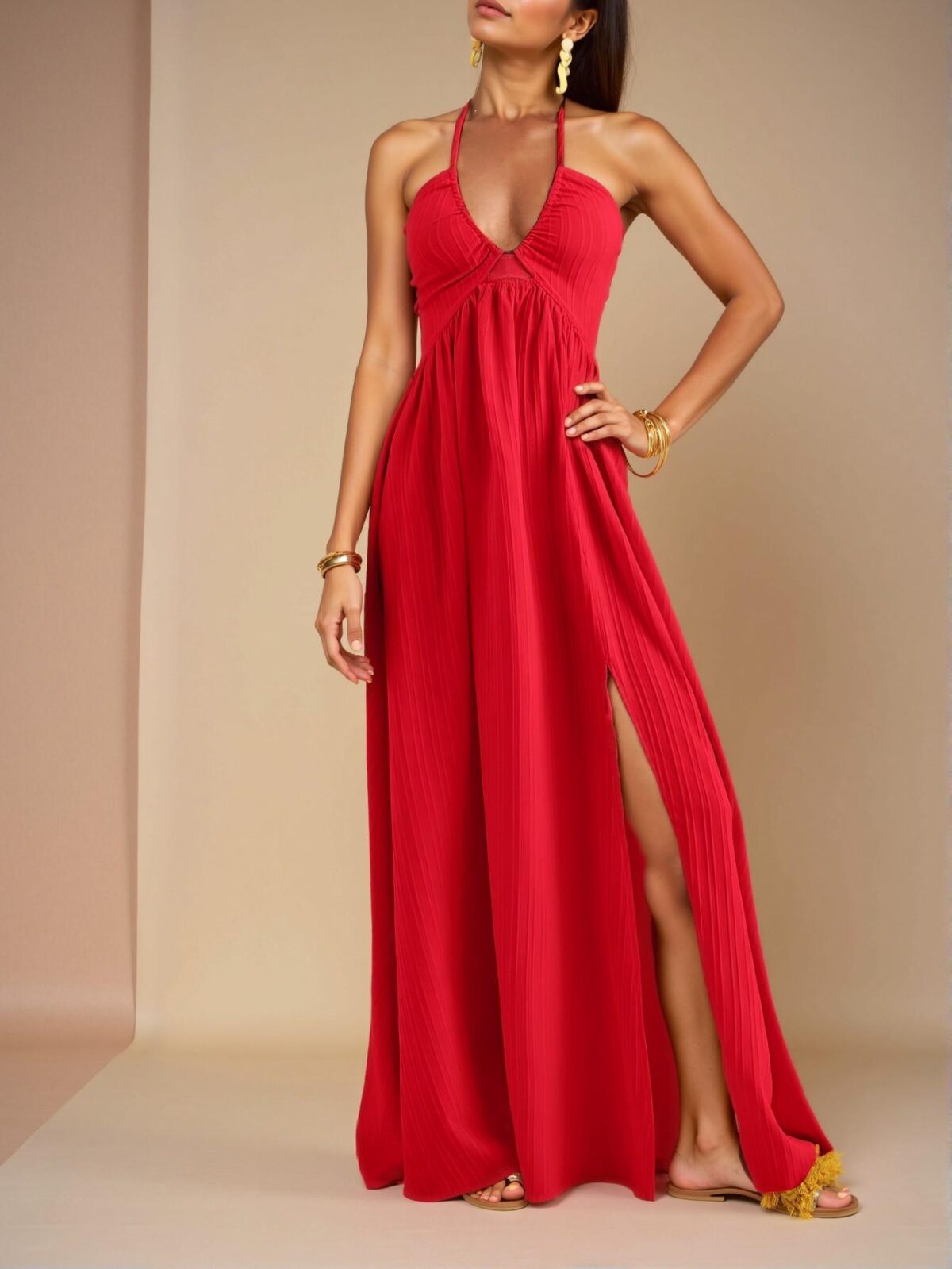 Elegant Red Halter Neck Strapless Maxi Dress with High Slit for a Chic and Trendy Look at Weddings - Image 4