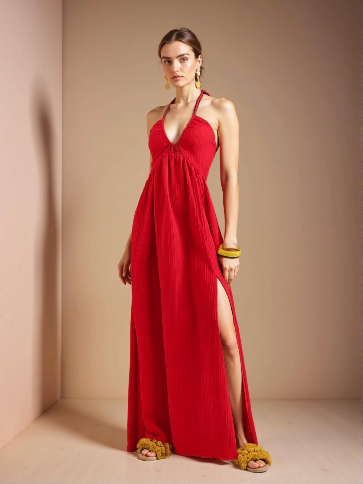 Elegant Red Halter Neck Strapless Maxi Dress with High Slit for a Chic and Trendy Look at Weddings - Image 5