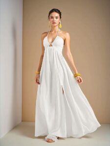Elegant White Halter Neck Strapless Swing Maxi Dress with High Front Slit - Chic, Classy and Trendy Fashion Style to Dress to Impress