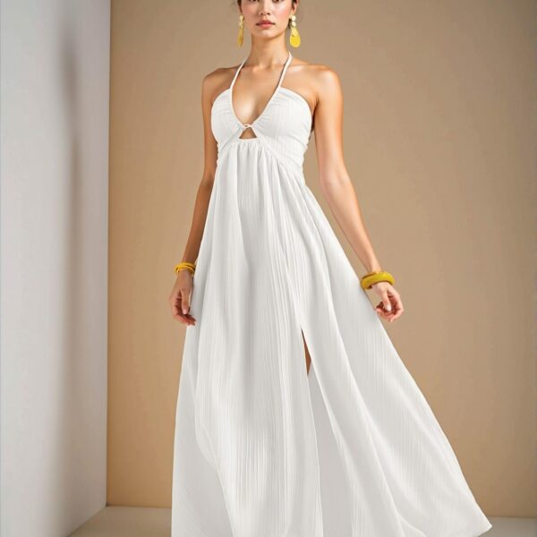 Elegant White Halter Neck Strapless Swing Maxi Dress with High Front Slit - Chic, Classy and Trendy Fashion Style to Dress to Impress